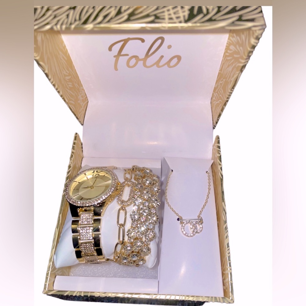 Folio Gold Tone Analog Bracelet Watch with Layered Bracelets and Necklace set